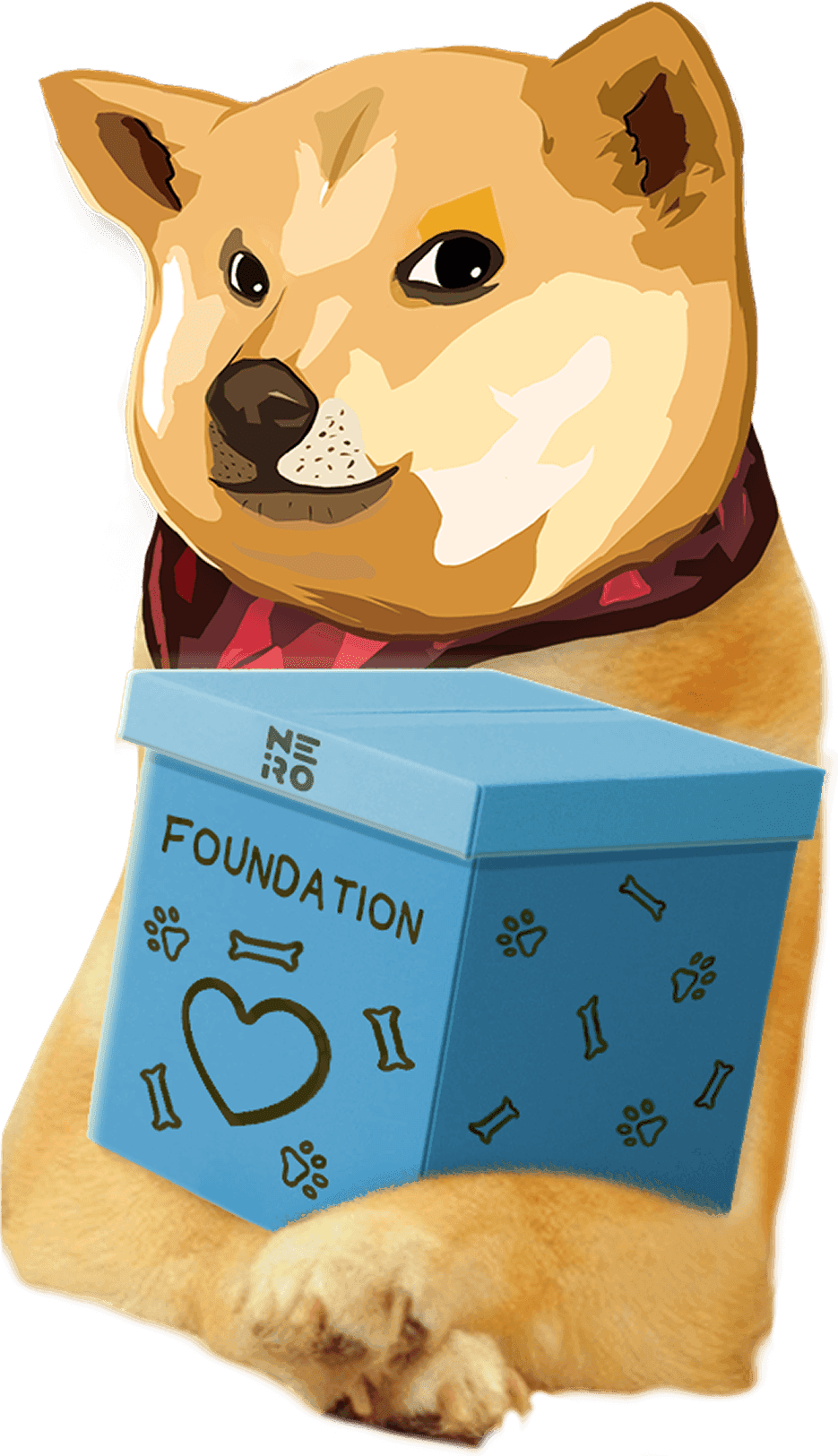 Neiro, a shiba inu, holding a Neiro Foundation donation box